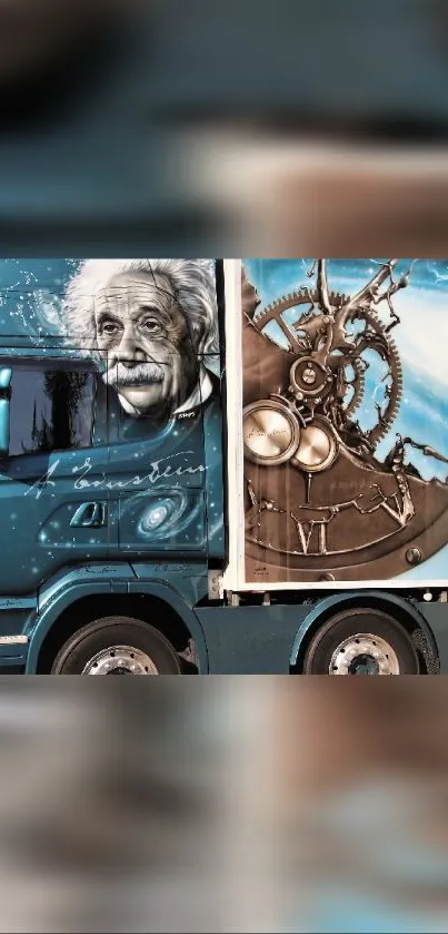 Mobile wallpaper with truck mural featuring mechanical gears and portrait.