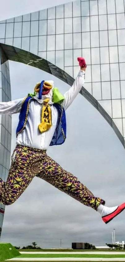 Jester leaps energetically in front of modern city architecture.