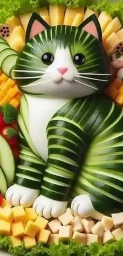 Cat creatively shaped from various vegetables.