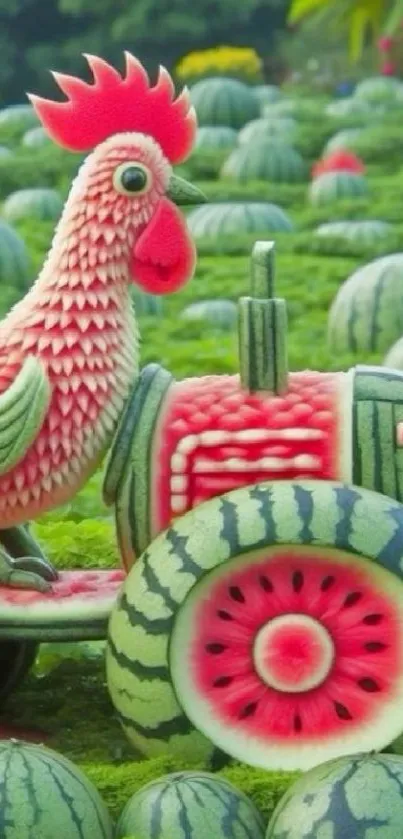 A creative watermelon field with a rooster sculpture and tractor design.