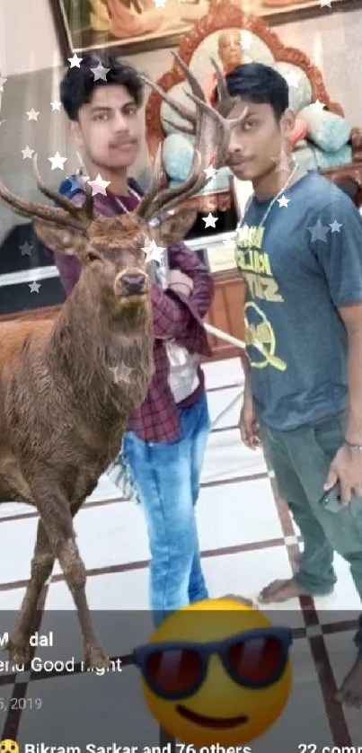 Unique mobile wallpaper with deer and two young individuals indoors.