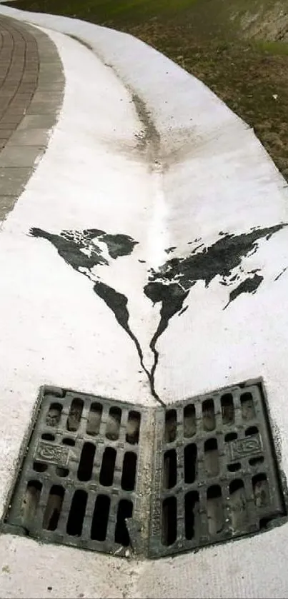 World map street art on a drain cover