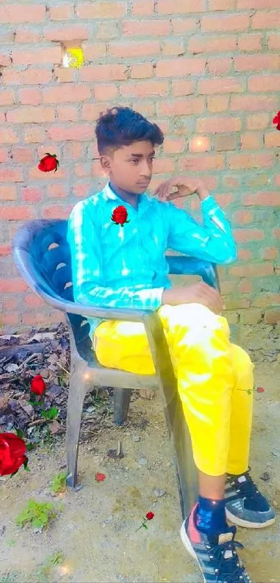 Young person in vibrant attire seated against brick wall with decorative roses.