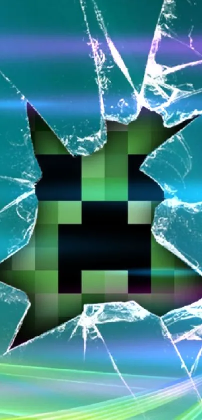 Pixelated Creeper breaking through shattered glass background.