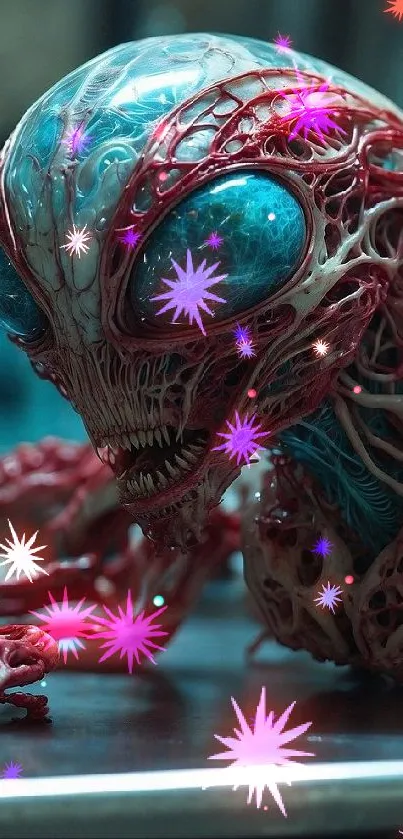 Creepy alien creature depicted in detailed design with blue and red elements.