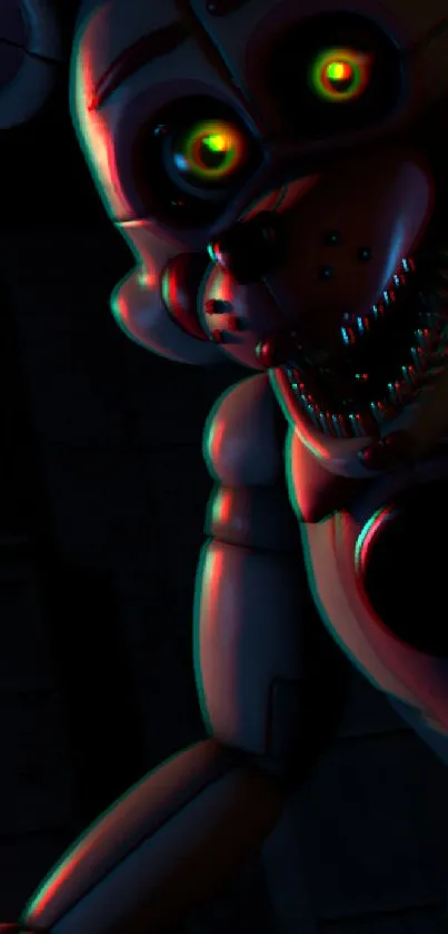 Eerie animatronic with glowing eyes in dark wallpaper.