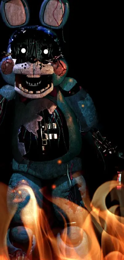 Creepy animatronic in dark, haunting wallpaper art.