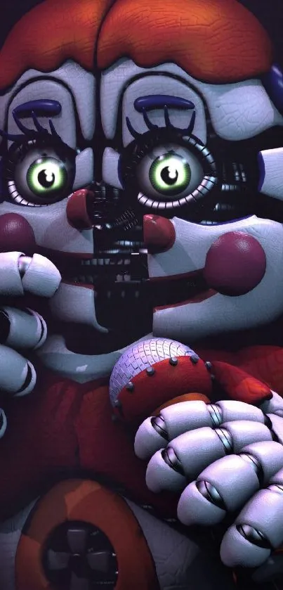 Creepy animatronic character with microphone on mobile wallpaper.