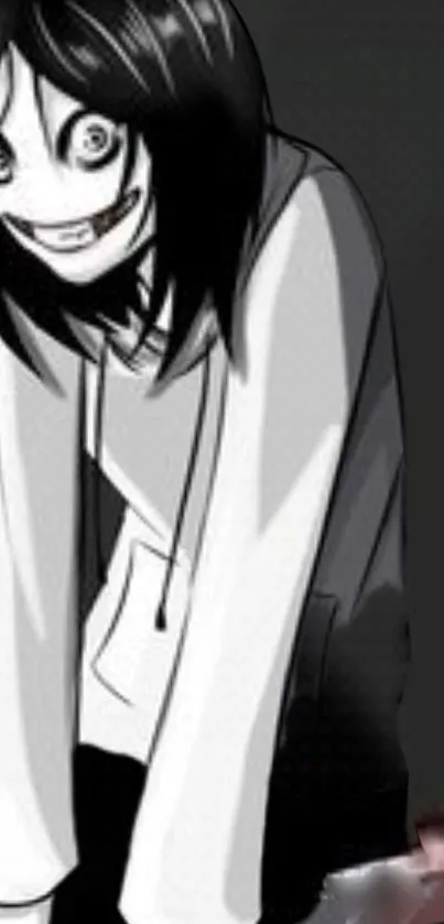 Creepy anime character with dark hair and eerie smile on mobile wallpaper.