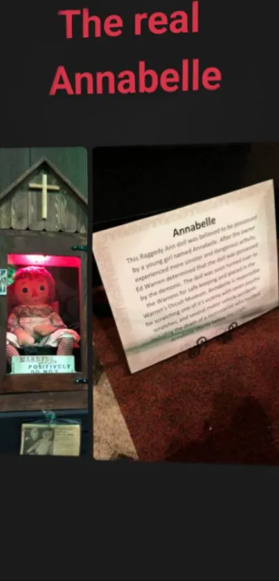 Eerie wallpaper featuring the real Annabelle doll with spooky text.