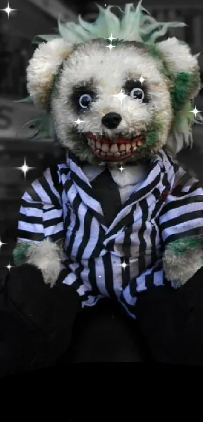 Creepy bear in striped suit on dark background for mobile wallpaper.