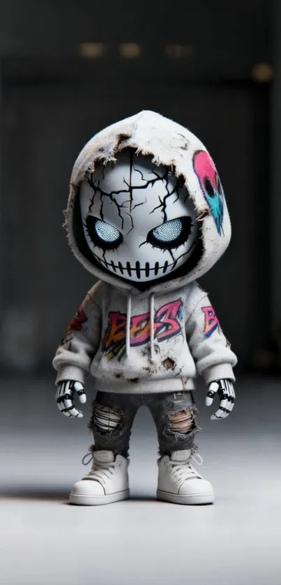 Creepy cartoon character with cracked mask in hoodie.