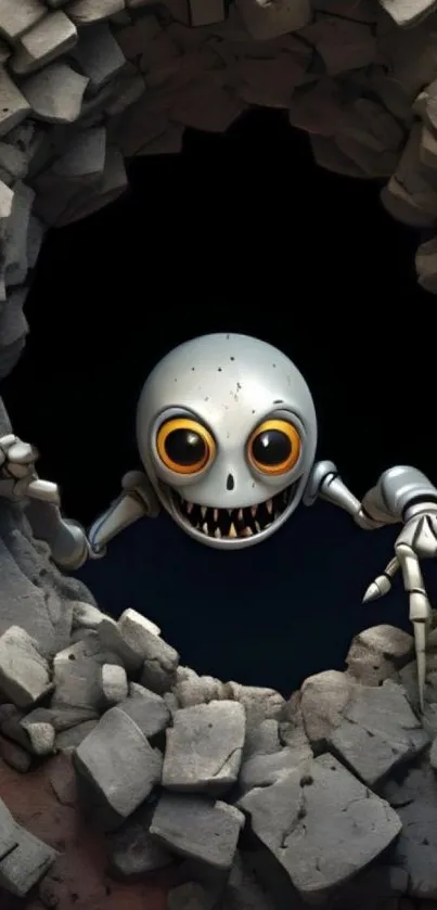 Cartoon skull peeping through cracked wall.