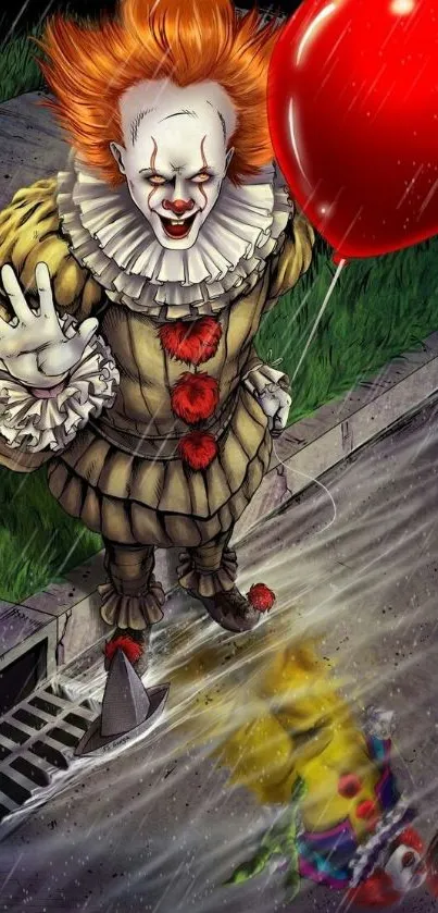 Creepy circus clown with red balloon and rain effect on mobile wallpaper.