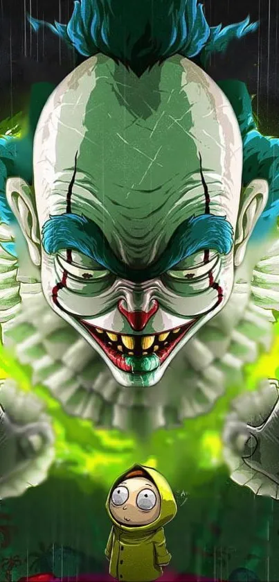 Creepy clown with neon green aura in artistic mobile wallpaper.