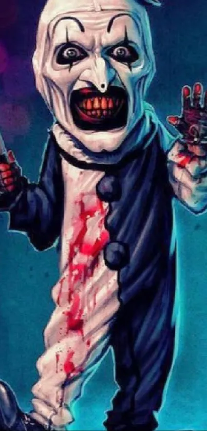 Creepy clown holding a bloody knife with a sinister expression.