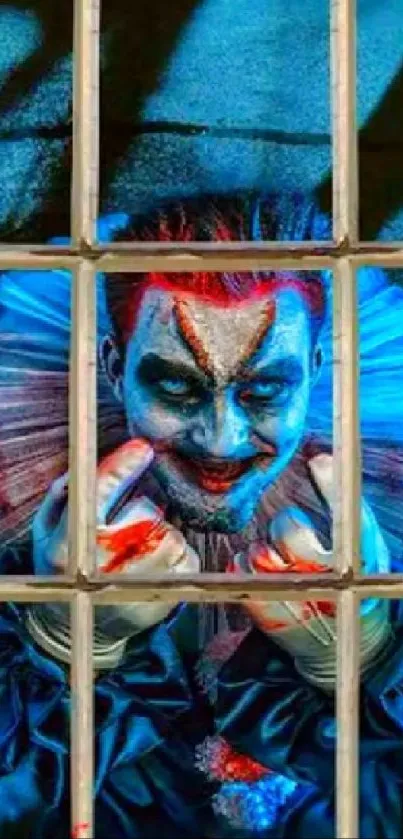 Creepy clown peering through an old window with vivid blue hues.