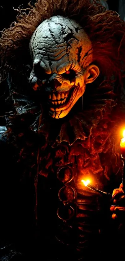 Eerie clown in candlelight with a dark background, perfect for horror enthusiasts.