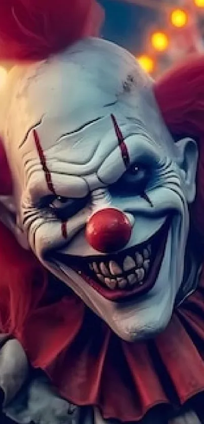 Creepy clown at a brightly lit carnival, vibrant red accents.