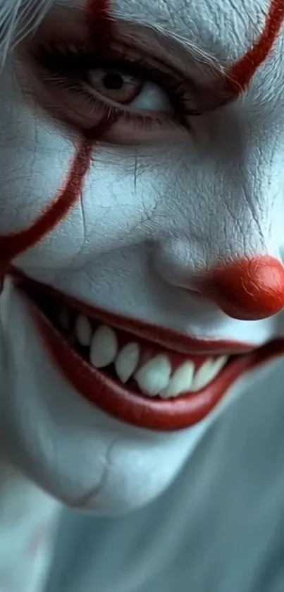 Creepy clown close-up with eerie smile and red makeup.