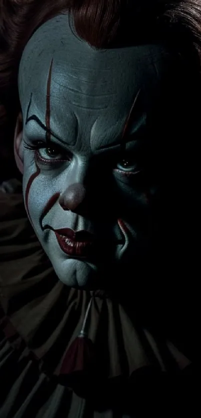 Eerie clown face in dark tones, creating a sinister and scary ambiance.