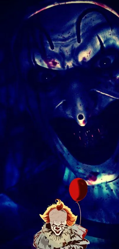 Eerie dark clown wallpaper with red balloon.