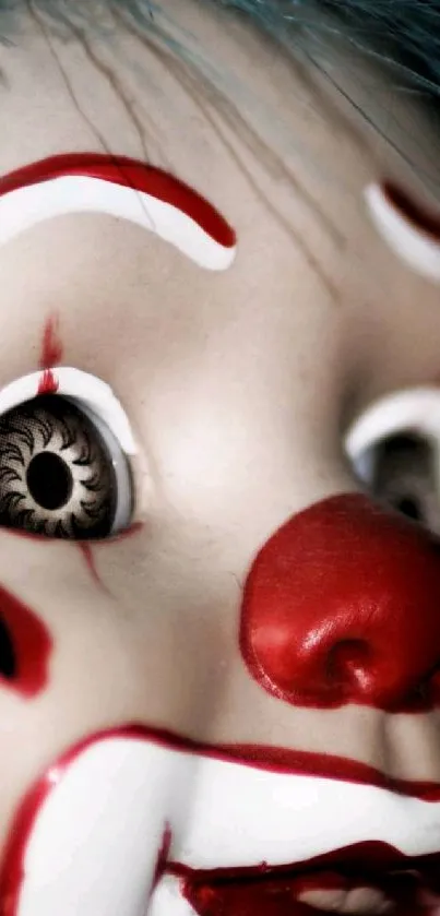 Close-up of a creepy clown doll face with vivid red and white paint.