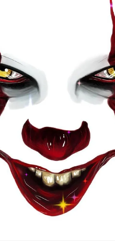 Creepy clown face with dark red lines and yellow eyes on white background.