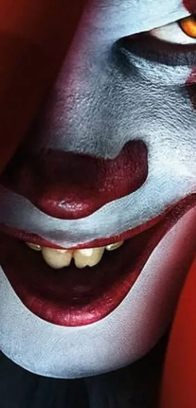 Creepy clown face with red and white makeup, featuring an ominous yellow eye.