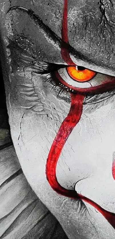 Creepy clown face close-up with intense red and grey hues.