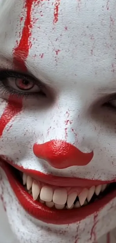 Creepy clown face with red makeup and white skin.