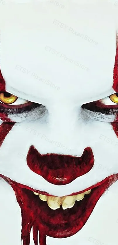 Close-up of a creepy clown face with yellow eyes and red makeup, perfect for horror fans.