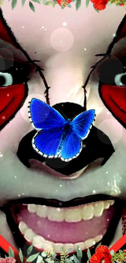 Creepy clown face with a blue butterfly on a mobile wallpaper.