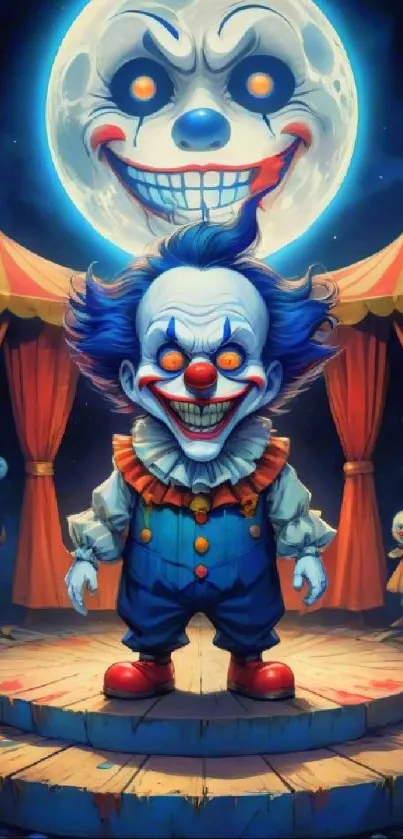 Creepy clown standing on stage with moon and circus backdrop.