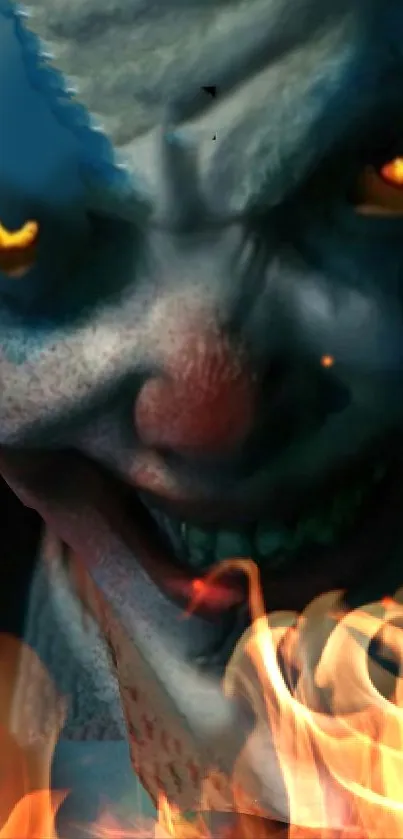 Creepy clown face surrounded by flames with glowing eyes.