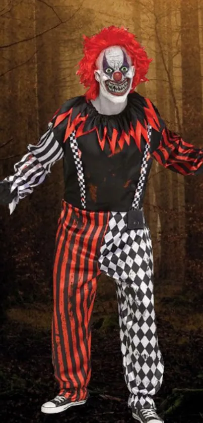 Creepy clown with red hair in a spooky forest setting, black dominant.