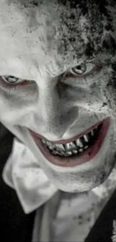 Creepy clown with sinister smile and eerie expression on a dark background.