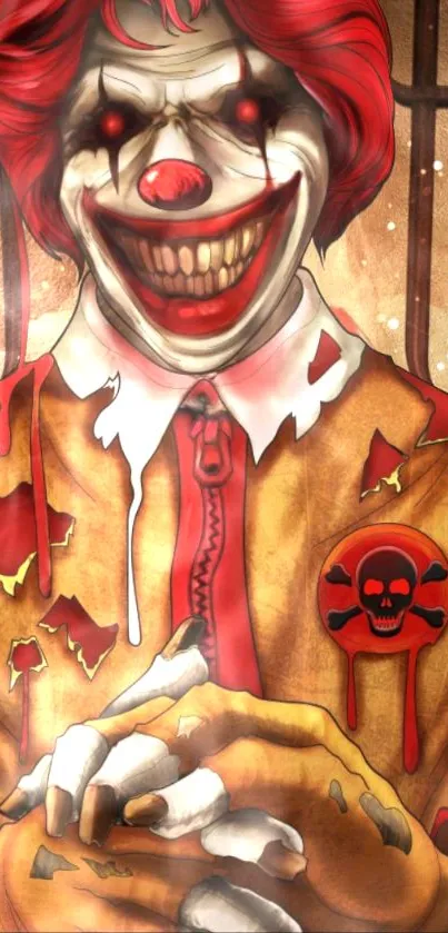 Creepy clown with sinister grin and red hair in a horror-themed wallpaper.