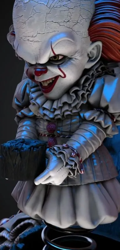 Sinister clown holding an object in creepy mobile wallpaper.