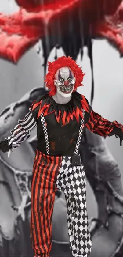 Creepy clown with red hair and suit in front of a dripping black and white background.