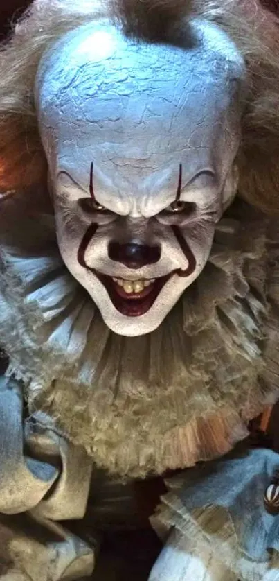 Chilling clown with eerie smile on mobile wallpaper.