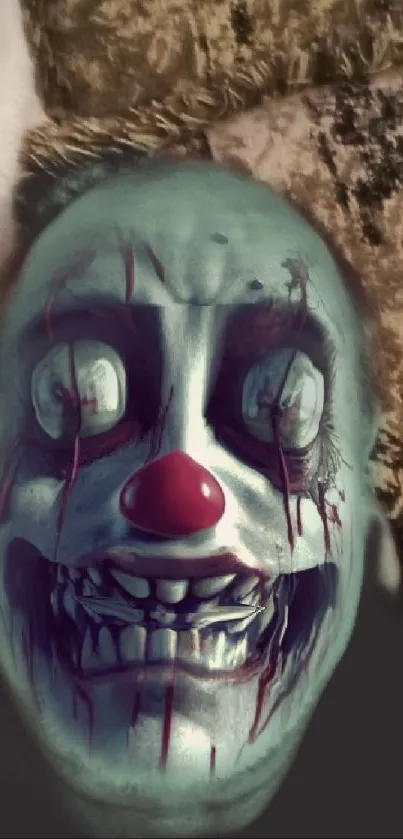 Creepy clown face with red nose and eerie details wallpaper.