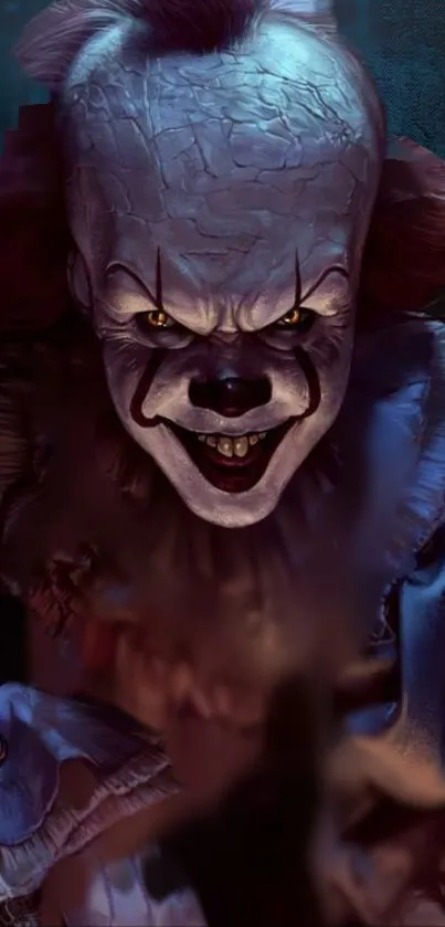 Creepy clown face horror mobile wallpaper with dark tones.