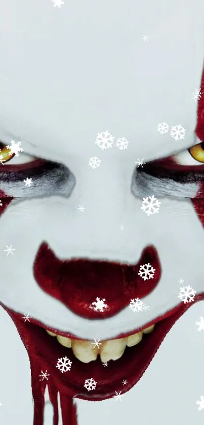 Creepy clown face with red lips and yellow eyes on a white background wallpaper.