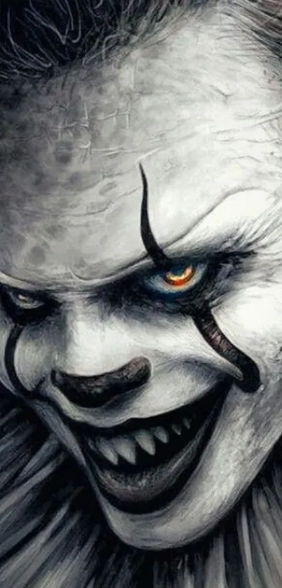 Creepy clown face with intense expression in grayscale horror art.