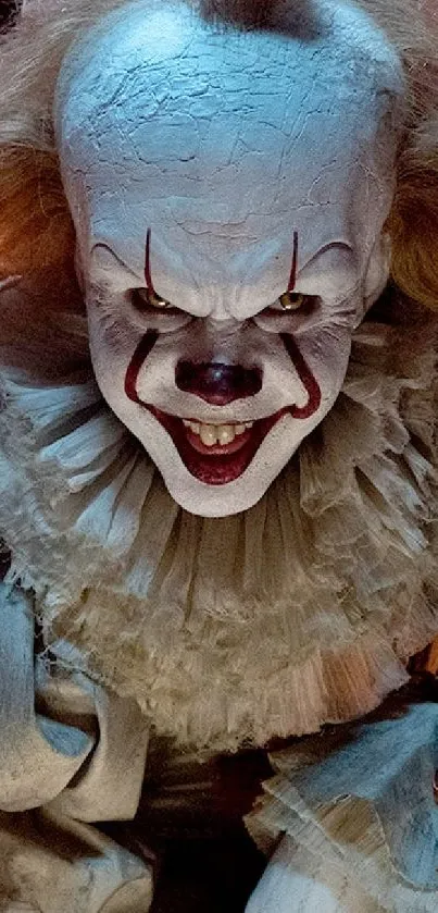 Creepy clown with eerie expression, perfect horror wallpaper.