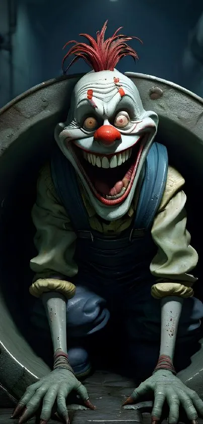 Creepy clown emerging from a dark tunnel with a menacing grin.