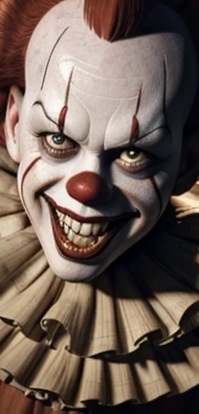 Creepy clown with sinister smile in dark background.