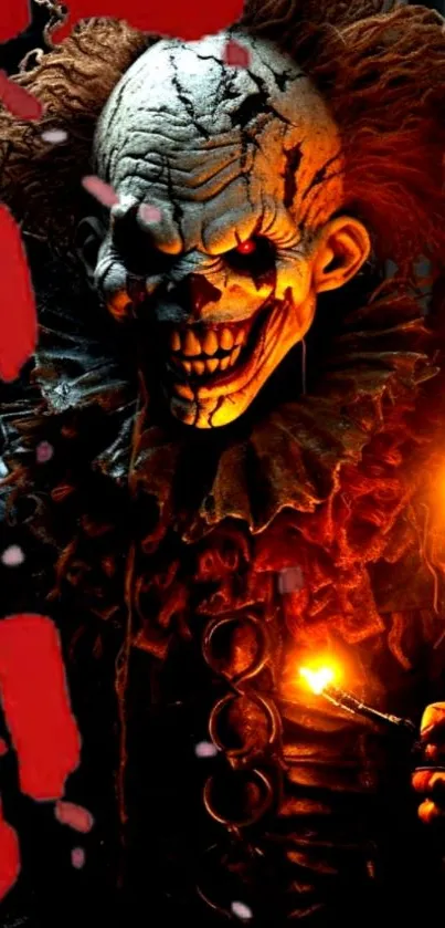 Creepy clown with fiery light in dark horror setting.