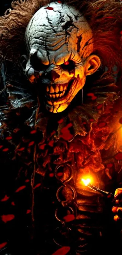 Creepy clown holds candles in dark ambiance wallpaper.